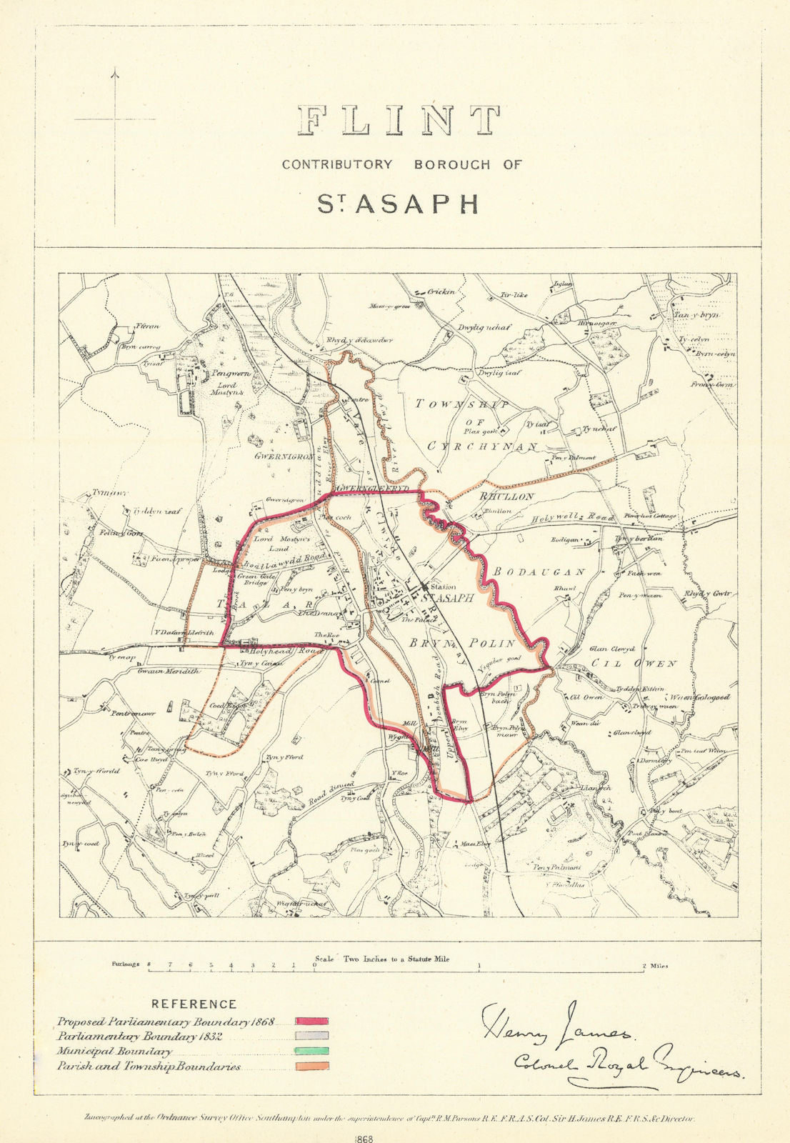 Flint Contributory Borough of  St. Asaph. JAMES. Boundary Commission 1868 map